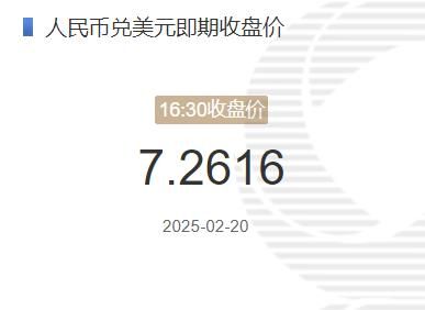 2月20日人民币兑美元即期收盘价报7.2616 较上一交易日上调235个基点